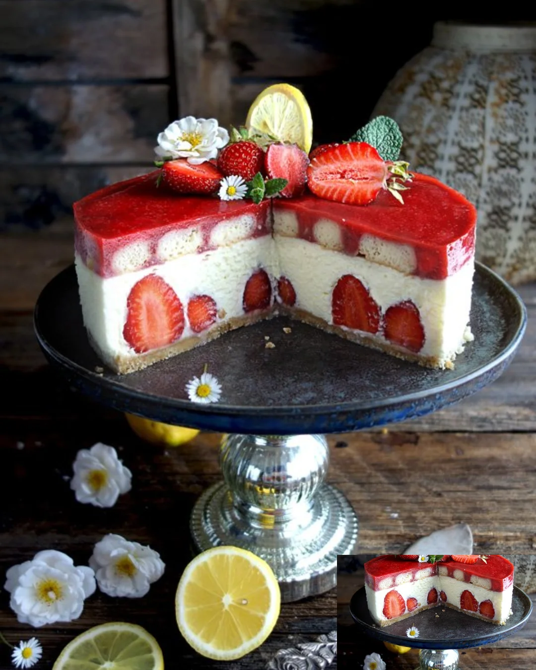 Erdbeertorte mit weißer Schoko-Zitronenmousse und Erdbeerspiegel