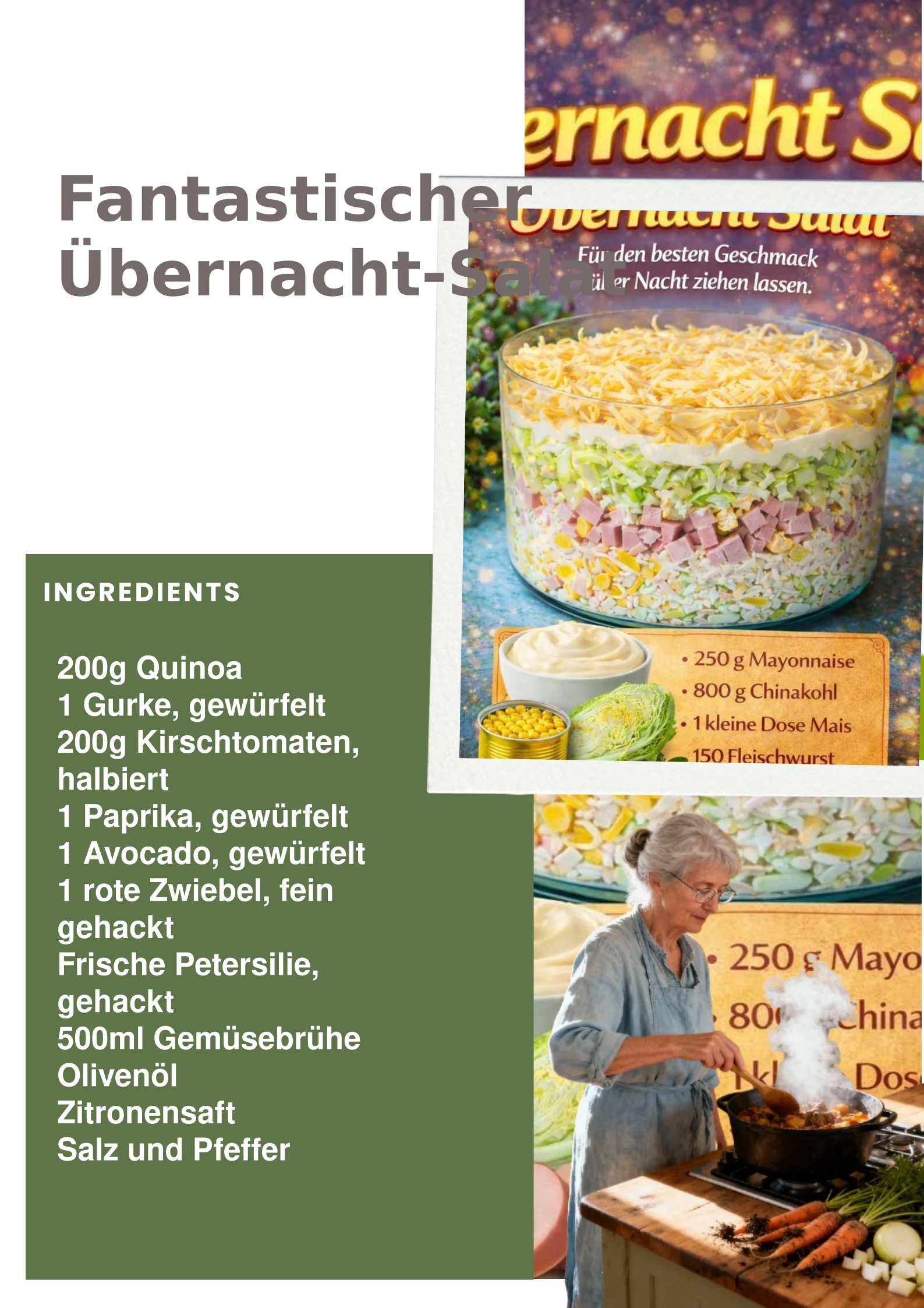 Fantastischer Übernacht-Salat mit frischen Zutaten und Dressing.