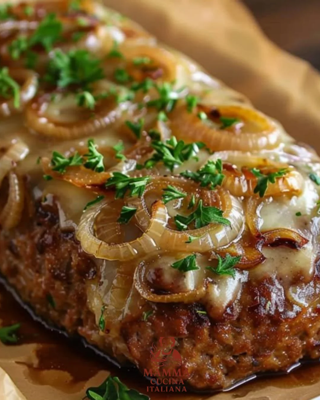 Französischer Zwiebel-Hackbraten auf einem Teller serviert