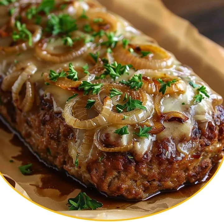 Französischer Zwiebelhackbraten serviert mit Beilagen