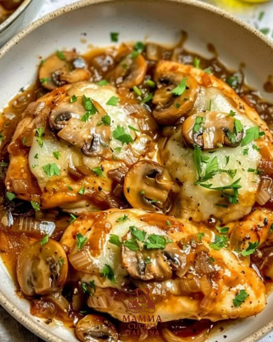 Französisches Zwiebelhühnchen mit Pilzen