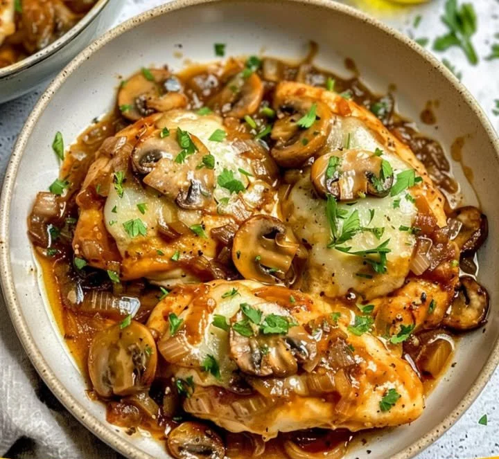 Französisches Zwiebelhühnchen mit Pilzen