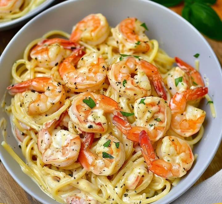 Garnelen-Spaghetti in leckerer Knoblauch-Frischkäsesauce