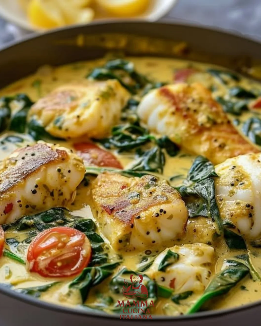 Gelbes Fisch-Curry mit Spinat und Reis