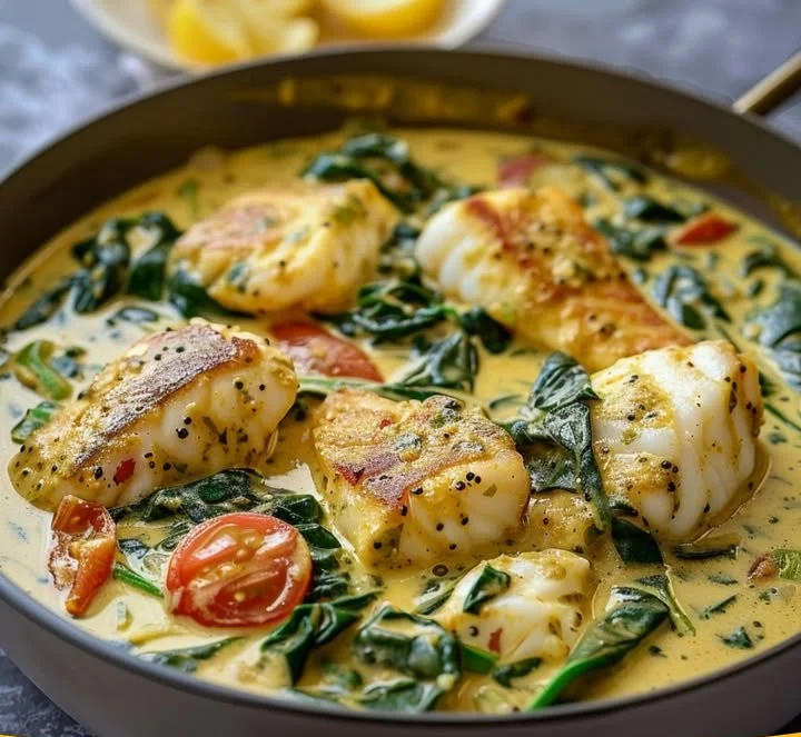 Gelbes Fisch-Curry mit Spinat und Reis