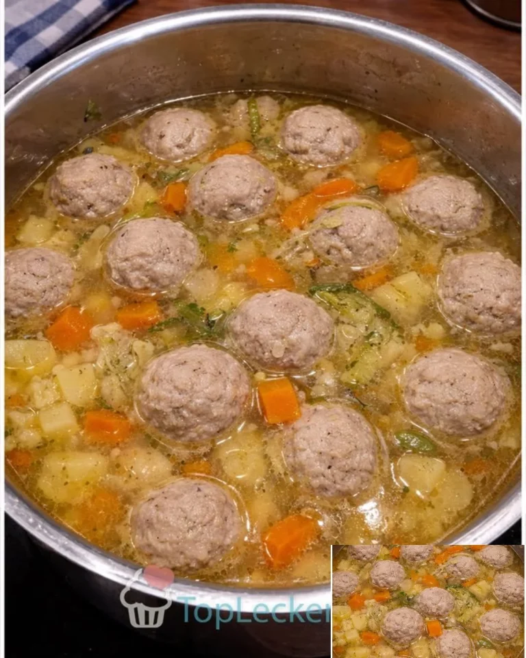 Gemüsesuppe mit Hackfleischbällchen in einer gemütlichen Schüssel serviert.