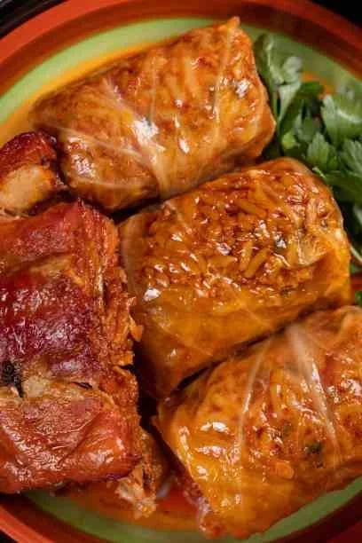 Geschmorte Kohlrouladen auf einem weißen Teller serviert