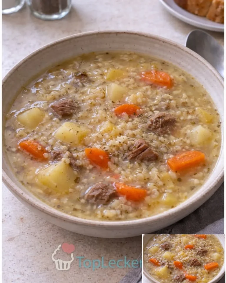 Schüssel mit schmackhafter Graupensuppe, serviert mit frischen Kräutern