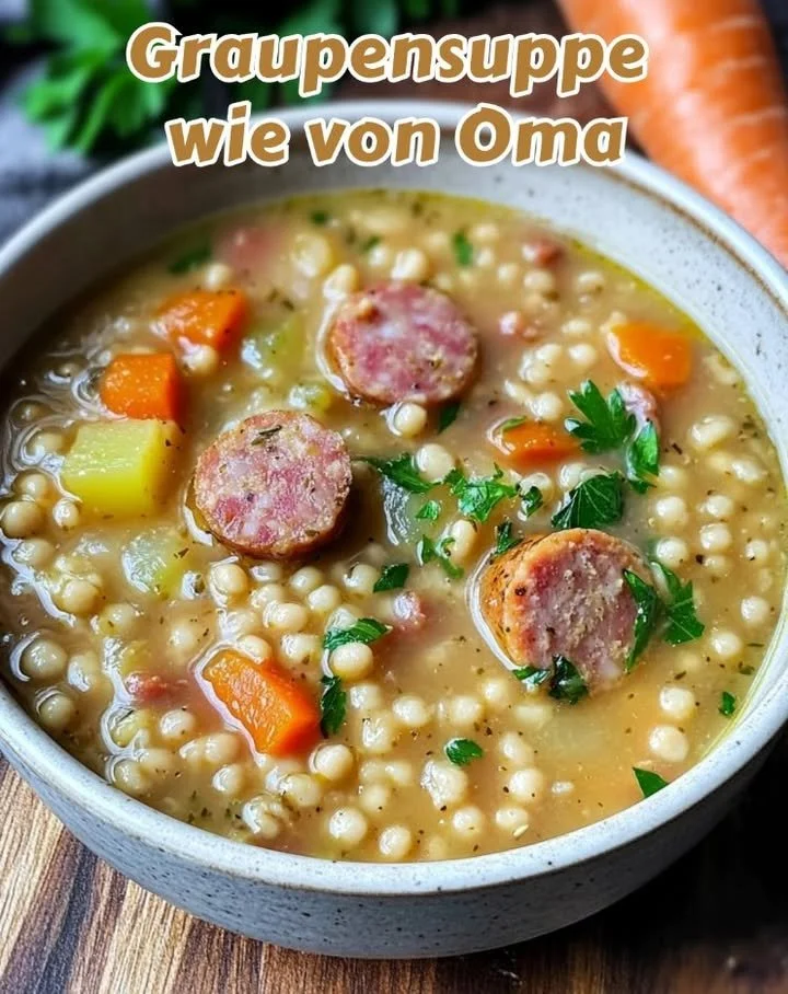 Schüssel mit Graupensuppe wie von Oma zubereitet