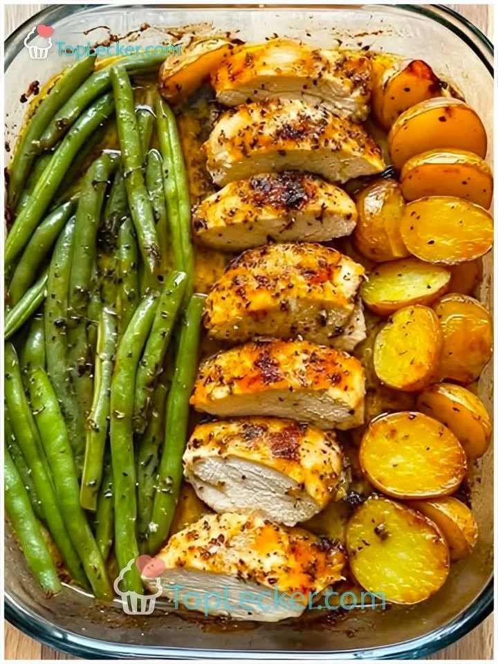 Hähnchenbrust mit Kartoffeln und grünen Bohnen aus dem Ofen