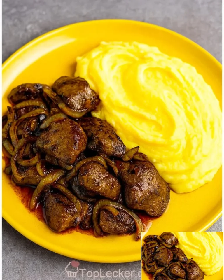 Hähnchenleber mit cremigem Kartoffelpüree auf einem Teller