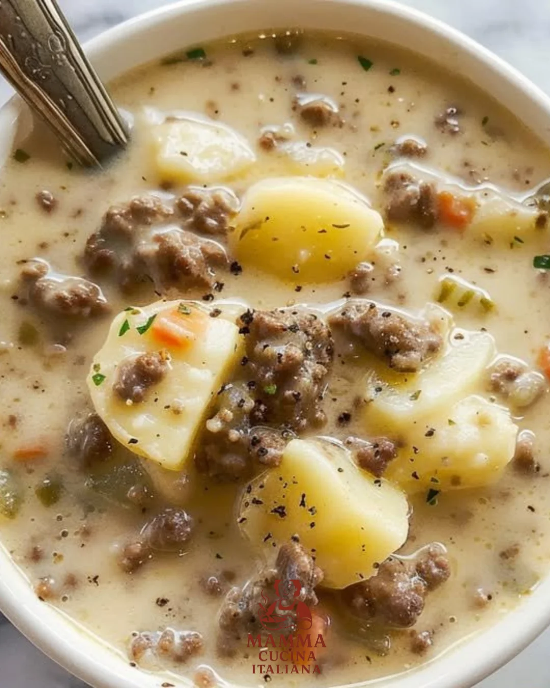 Schüssel mit Hamburger Suppe, dekoriert mit frischen Kräutern.