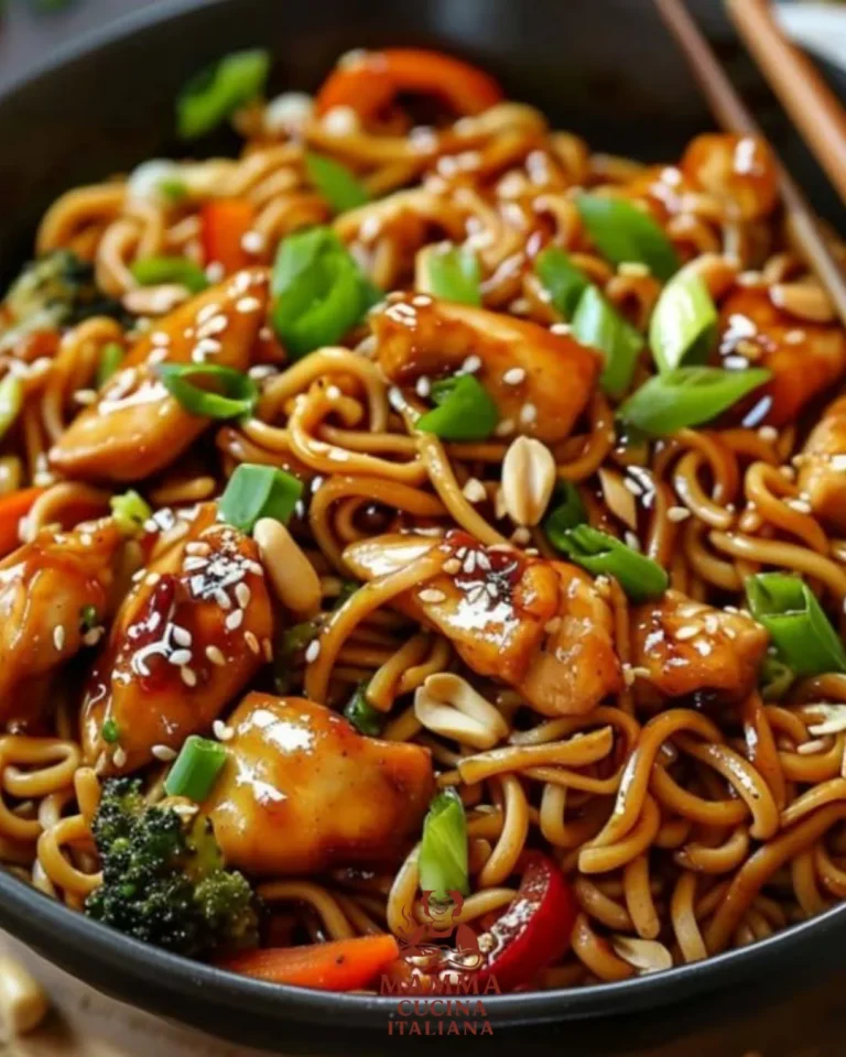 Leckere Hühnchen-Teriyaki-Nudeln auf einem Teller serviert.