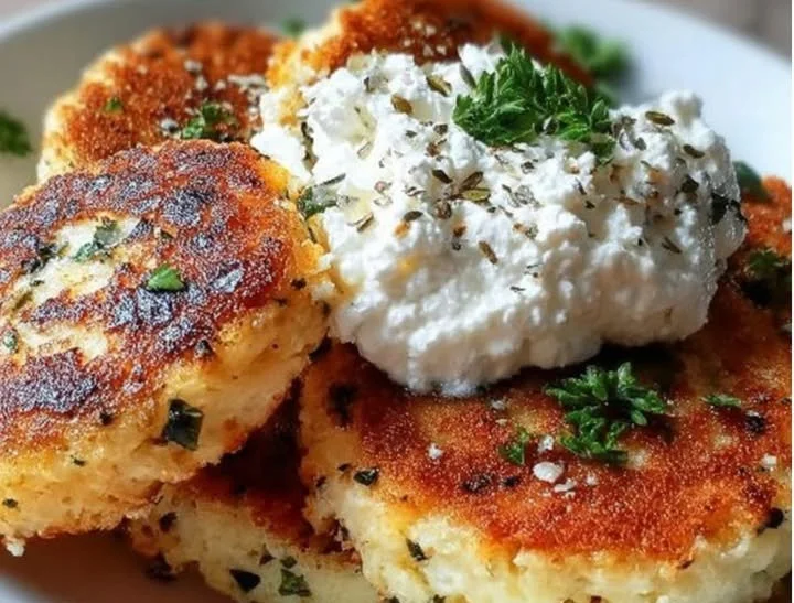 Hüttenkäse-Protein-Taler auf einem weißen Teller, gesunder Snack.
