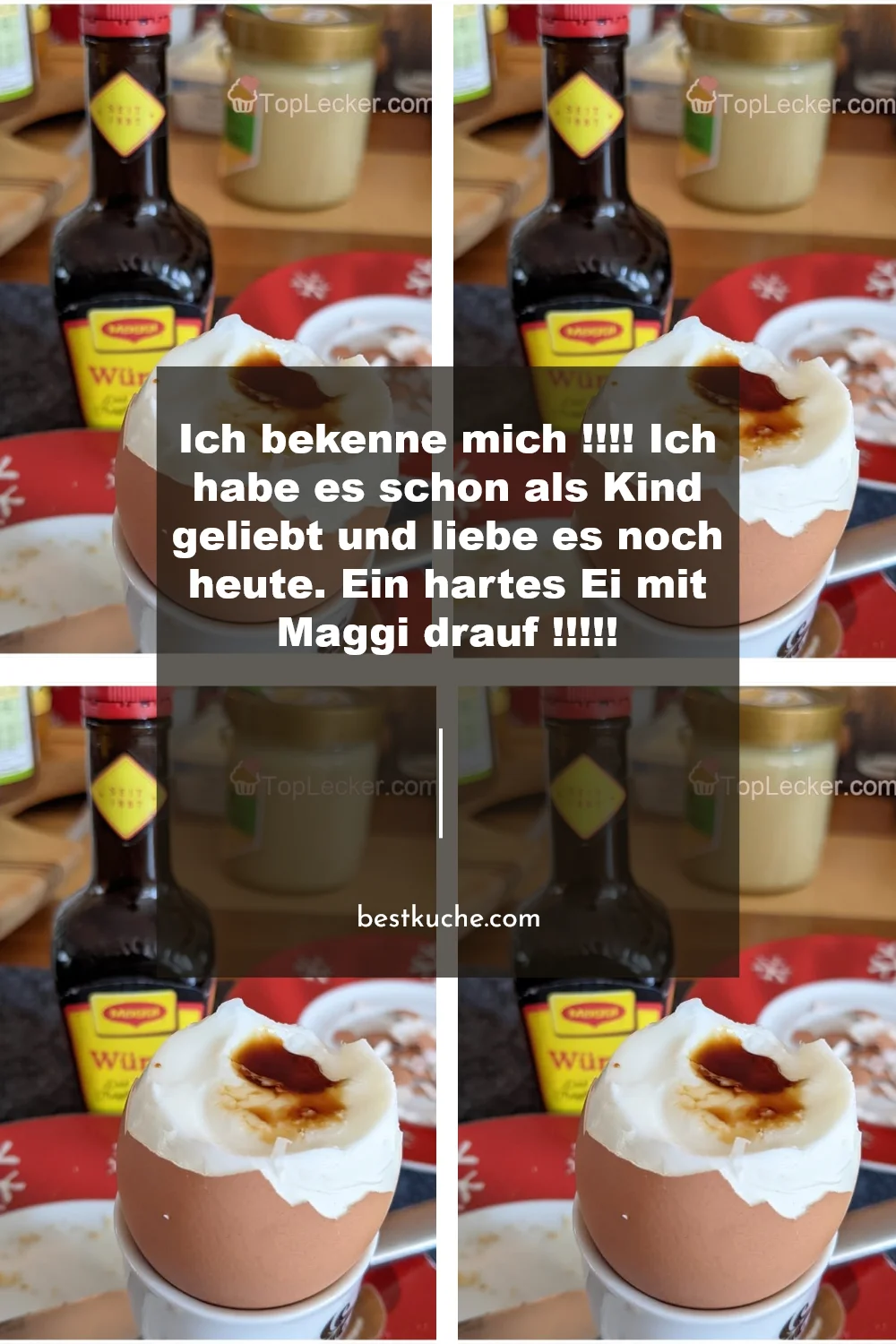 Ein hartes Ei mit Maggi Sauce auf einem Teller