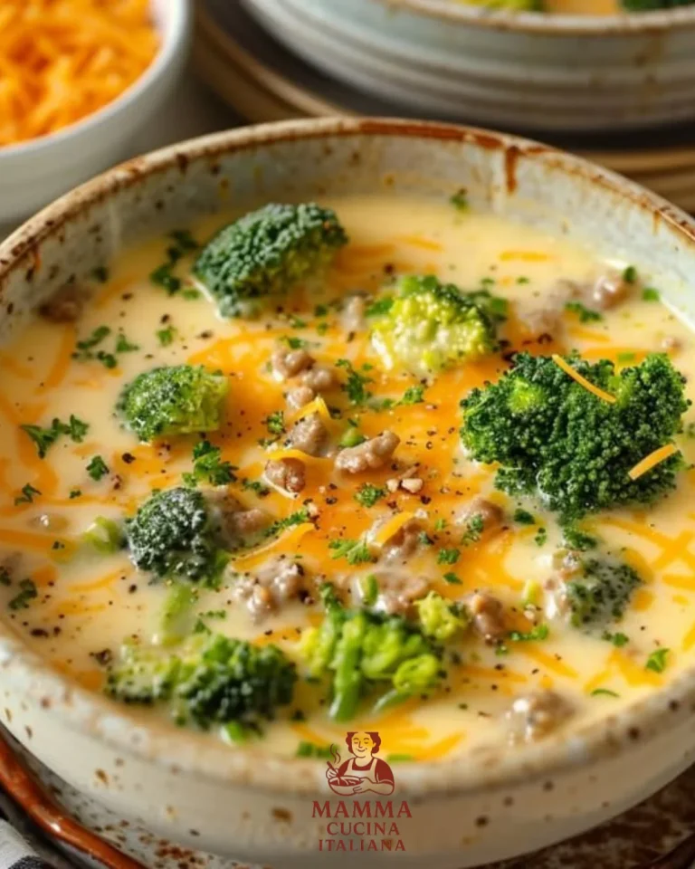 Schüssel mit kalorienarmer Brokkoli-Käse-Suppe mit Hackfleisch