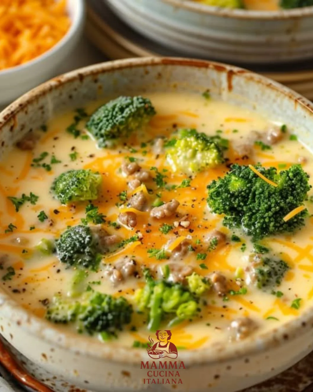 Kalorienarme Brokkoli-Käse-Suppe mit Hackfleisch