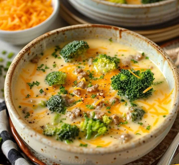 Kalorienarme Brokkoli-Käse-Suppe mit Hackfleisch
