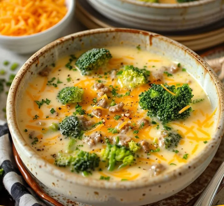 Kalorienarme Brokkoli-Käse-Suppe mit Hackfleisch