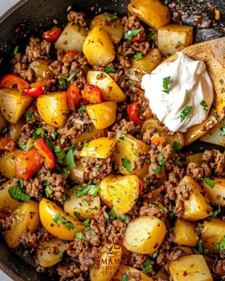 Kartoffel-Paprika-Pfanne mit Hackfleisch und Crème Fraîche auf einem Teller.