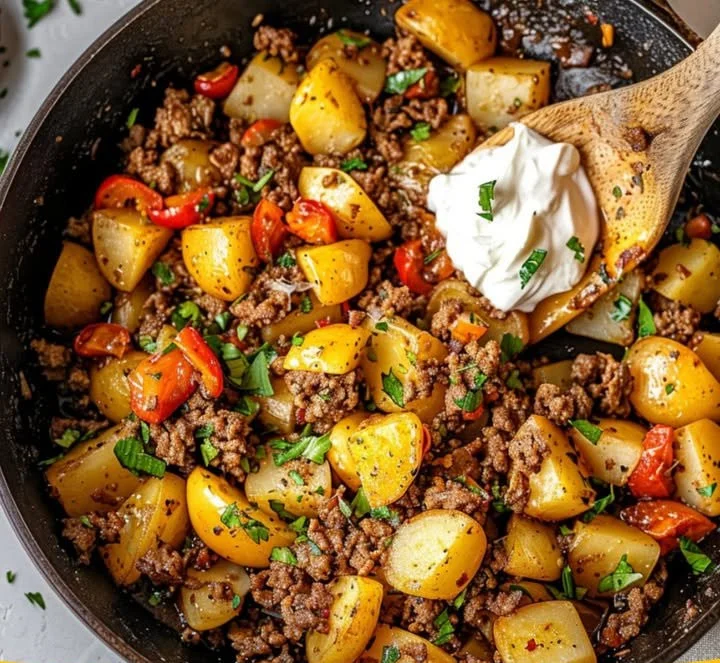 Kartoffel-Paprika-Pfanne mit Hackfleisch und Crème Fraîche