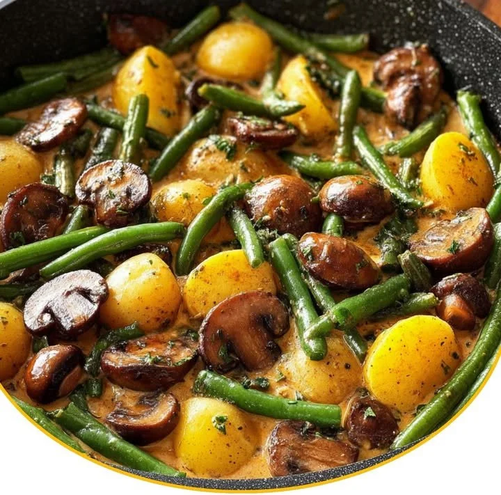 Leckere Kartoffel-Pilz-Pfanne mit Bohnen auf einem Teller angerichtet.