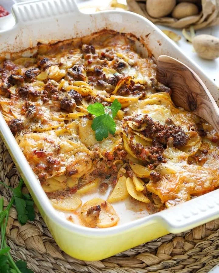 Kartoffelauflauf mit Hackfleisch, frisch aus dem Ofen serviert.