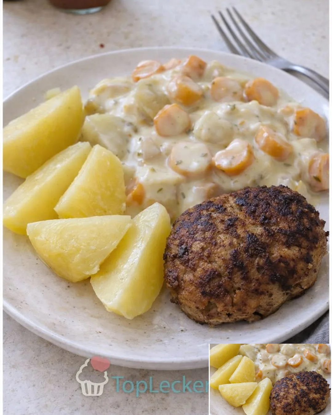 Kartoffeln, Möhren und Kohlrabi Rahmgemüse mit Boulette