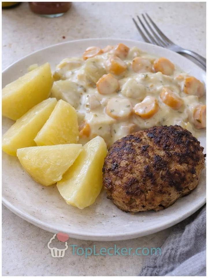 Kartoffeln, Möhren und Kohlrabi Rahmgemüse mit Boulette