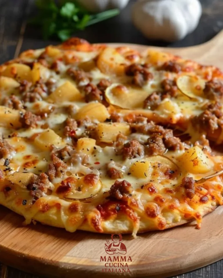 Kartoffelpizza mit Hackfleisch auf einem Teller serviert, ohne Hefeteig.