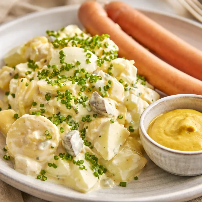 Leckeres Kartoffelsalat mit Würstchen serviert in einer dekorativen Schale.