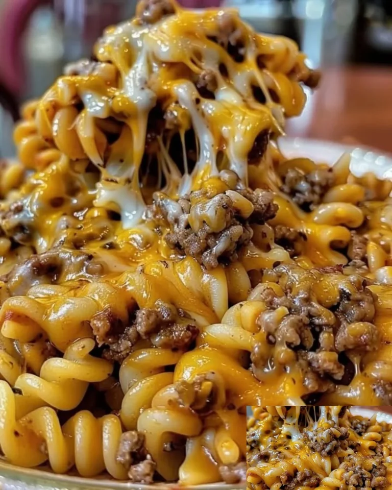 Käse-Makkaroni mit saftigem Rinderhackfleisch auf einem Teller serviert.