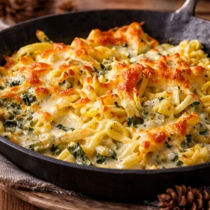 Käsespätzle mit Röstzwiebeln auf einem Teller serviert.