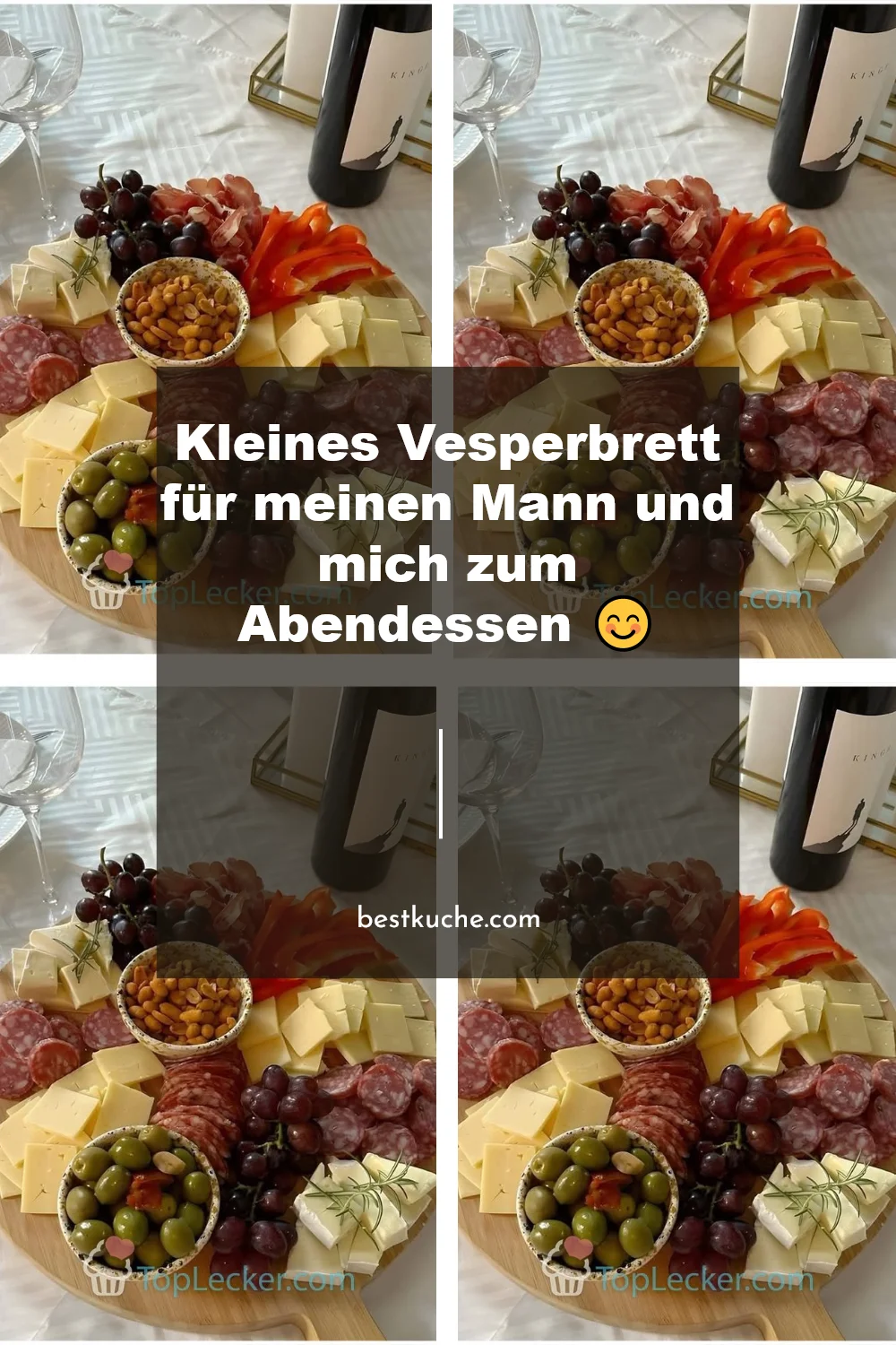 Kleines Vesperbrett für Abendessen mit leckeren Snacks und Getränken.