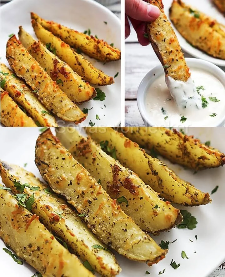 Knoblauch Kartoffelecken mit Parmesan auf einem Teller serviert.