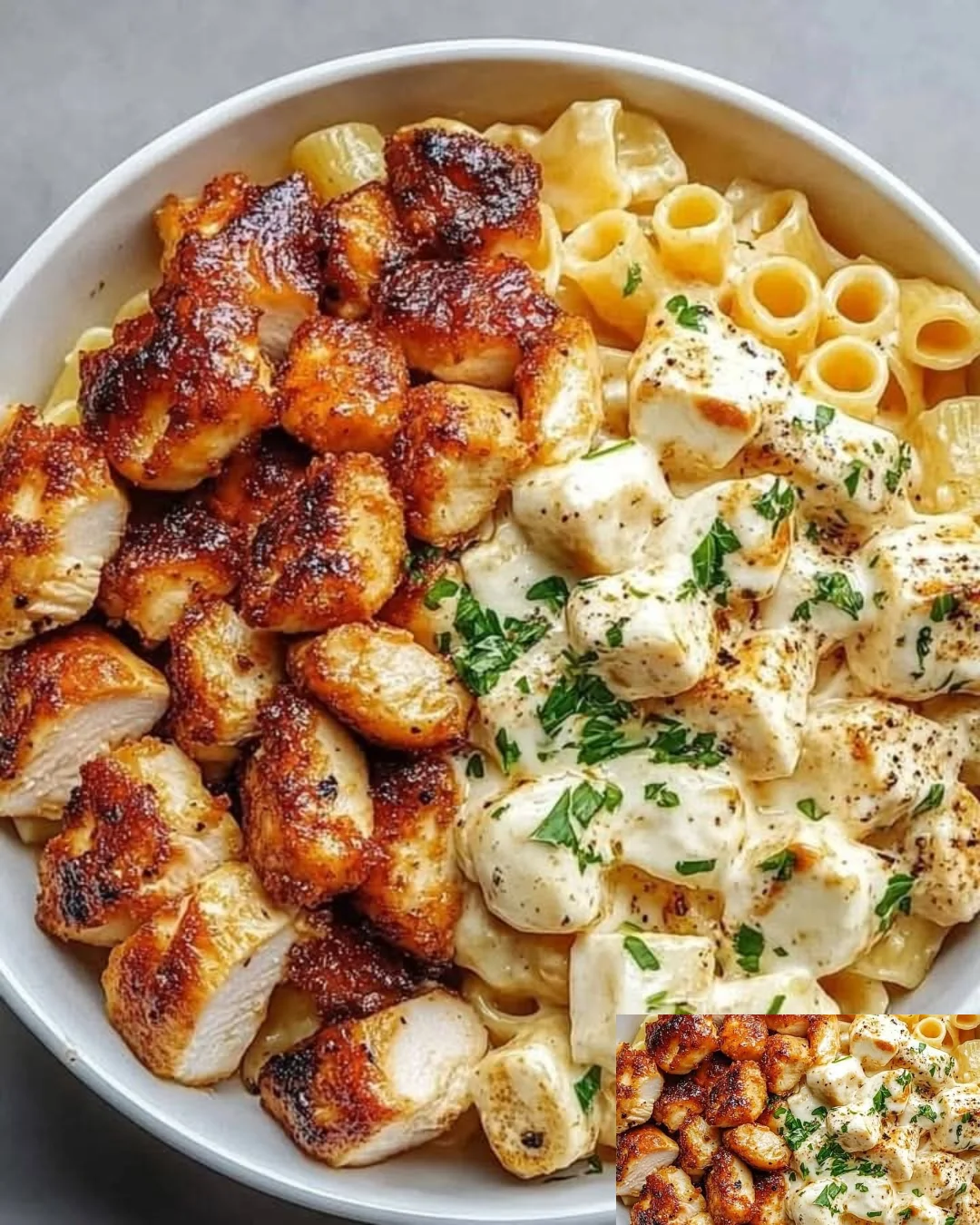 Knoblauchbutter-Hähnchenbissen mit Parmesan-Pasta auf einem Bistro-Teller.