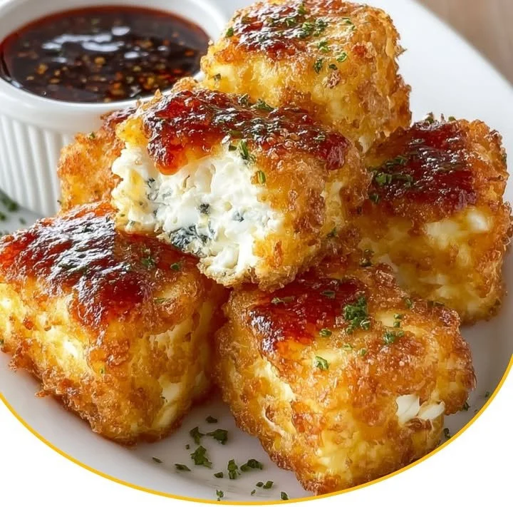 Knuspriger Feta aus dem Airfryer auf einem Teller serviert.