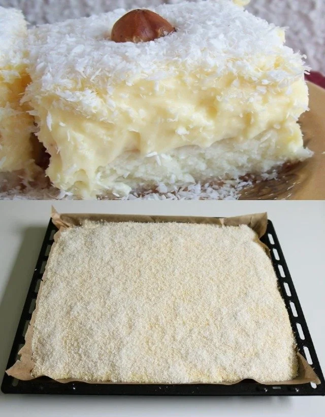 Kokoskuchen mit Vanillepudding auf einem Teller