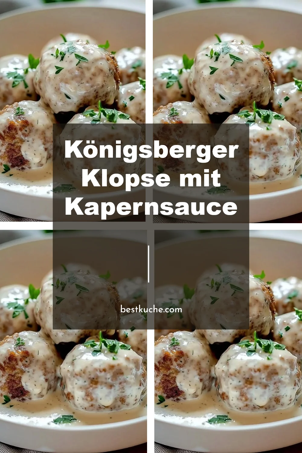 Königsberger Klopse mit Kapernsauce auf einem Teller serviert.