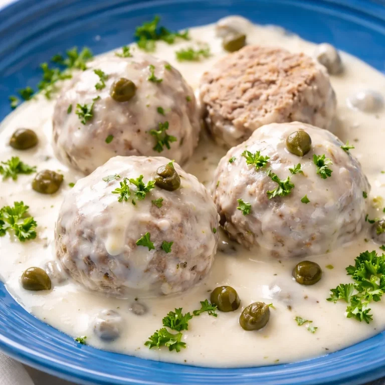 Königsberger Klopse in würziger Kapern-Soße serviert auf einem Teller.