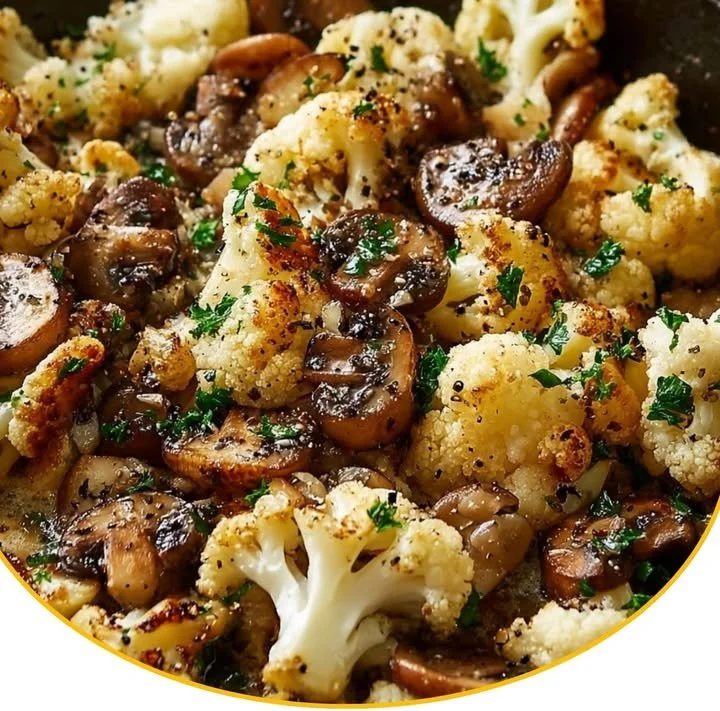 Köstliche Pilz-Blumenkohl-Pfanne mit frischen Zutaten auf einem Teller