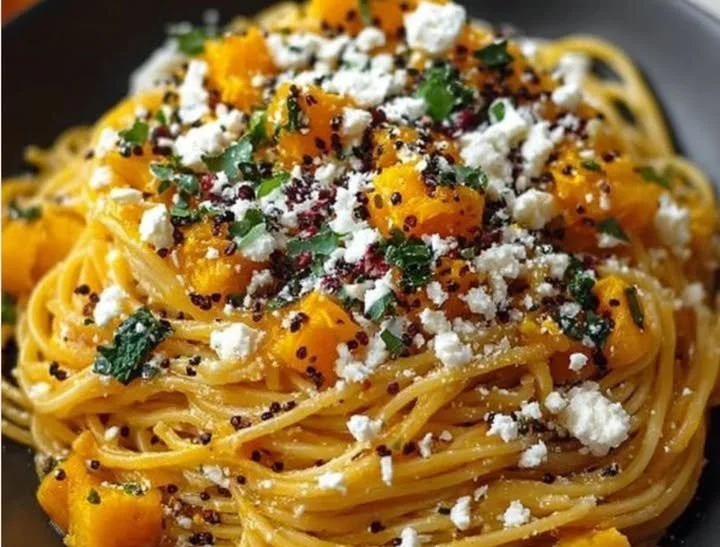 Kürbis-Nudeln mit Feta auf einem Teller, dekoriert mit frischen Kräutern.