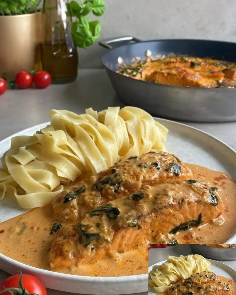 Lachsfilet in cremiger Spinat-Sahnesoße auf einem Teller angerichtet.
