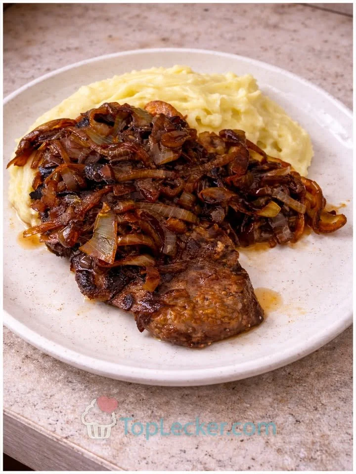 Leber mit Püree und Zwiebeln