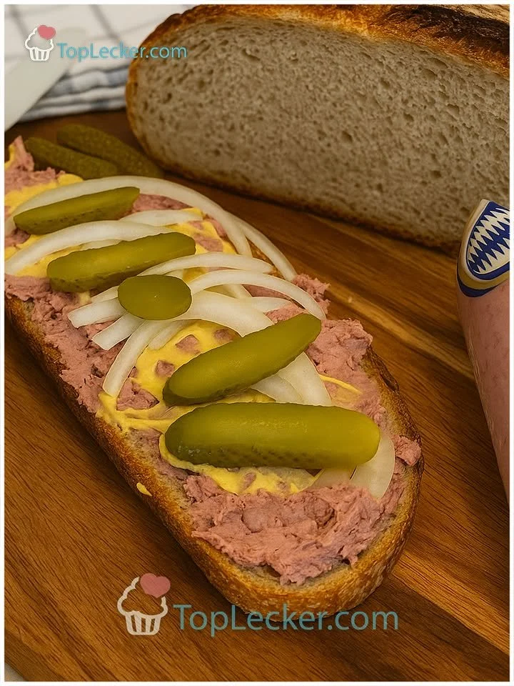 Leberwurst Brot mit Senf, Zwiebeln und Gurken
