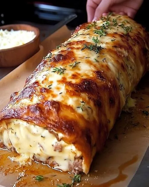 Leckere Käserolle mit Hackfleisch, frisch zubereitet und serviert