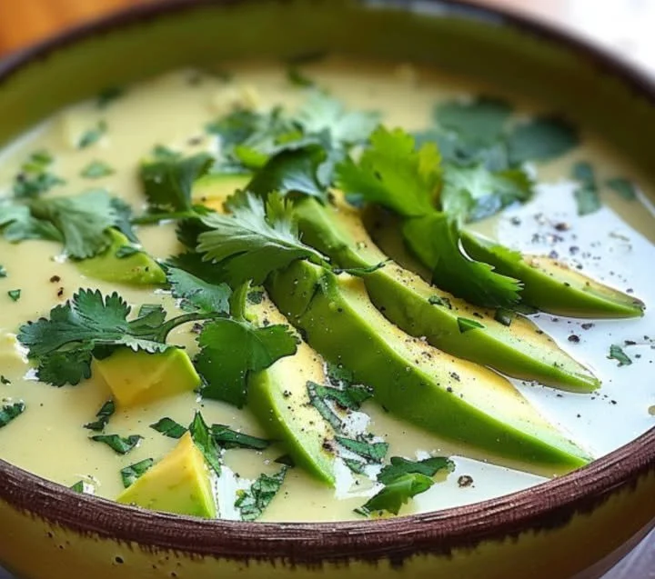 Limetten-Kokosnuss-Suppe mit Avocado serviert in einer Schale.