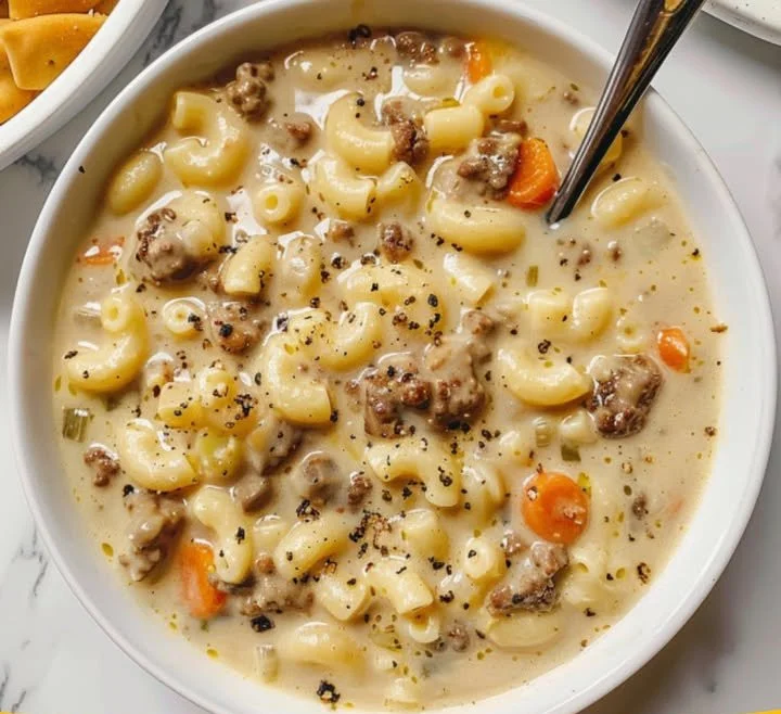 Schüssel Makkaroni-Cheeseburger-Suppe mit Käse und frischen Zutaten