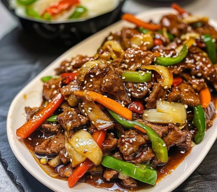 Mongolisches Rindfleisch auf dem Grill mit frischen Kräutern und Gewürzen.