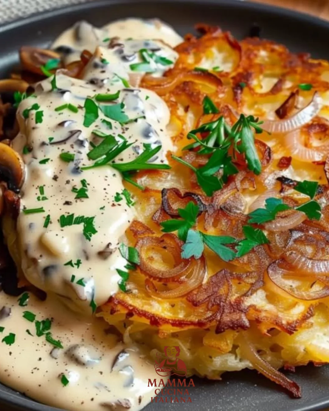 Mozzarella Rösti mit Zwiebel-Pilzrahmsoße